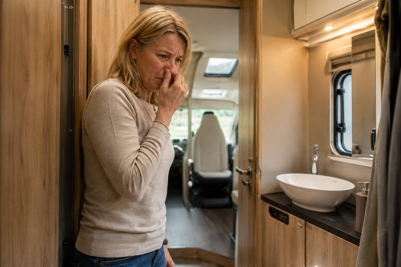 Frau steht in der Tür eines Wohnmobil-Bads und hält sich die Nase zu