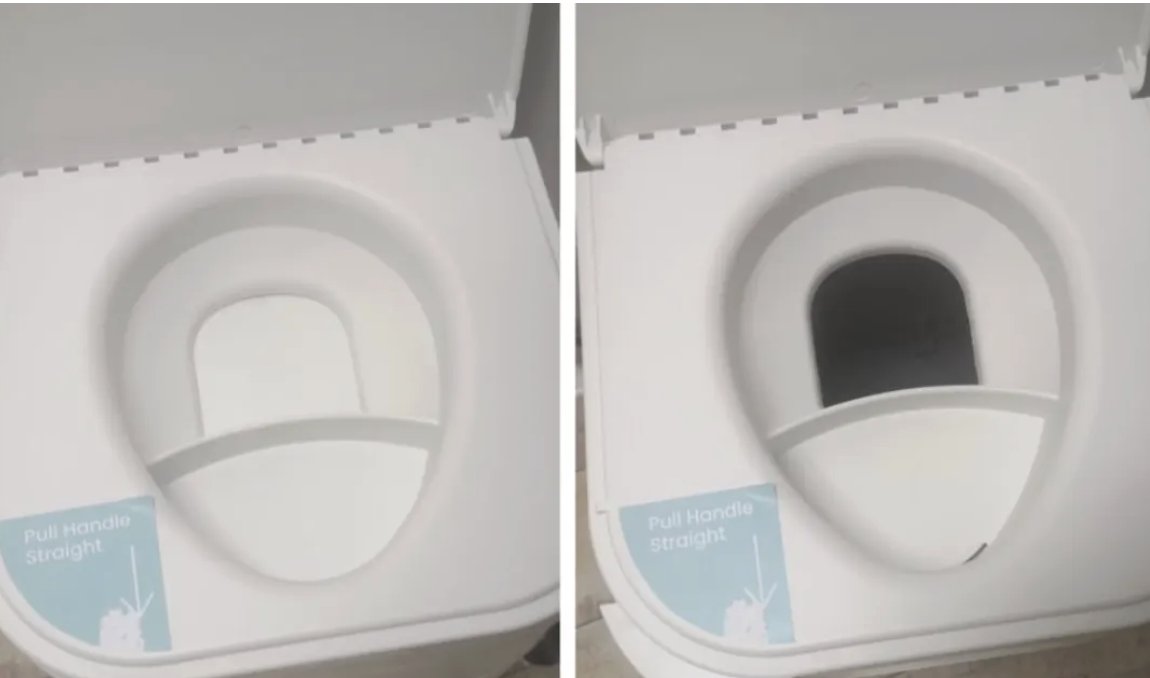 Trenneinsatz einer Trenntoilette, links mit geschlossener Klappe, rechts geöffnet mit Blick in den Feststoffbehälter